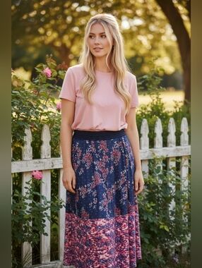 Vintage America Navy Floral Midi Skirt with Pink Accents